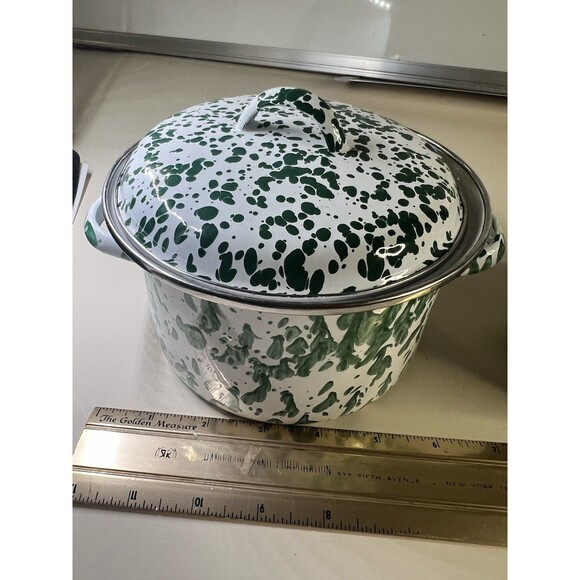 Green White Splatter Granitewear Enamelware Pots with Lids Set of 2 VTG 5-6 In - Picture 8 of 9